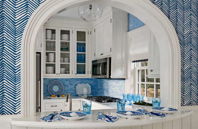 blue and white pool house Charles Hilton Architects