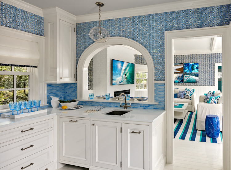 blue and white pool house Charles Hilton Architects