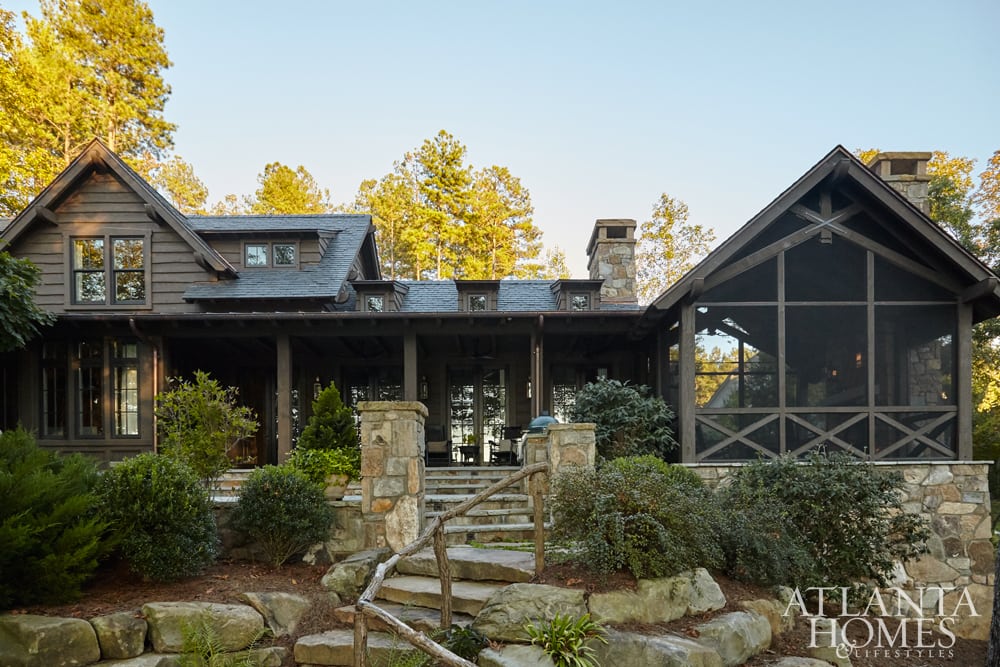 Lake Keowee house and garden.| So, sure, houses are made for all seasons, but this fabulous Lake Keowee Cottage, designed by Architect Timothy S. Adams and Westbrook Interiors in this month's Atlanta Homes & Lifestyles,  just feels like fall to us. 
