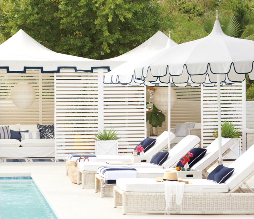 poolside with Serena & lily - pool umbrella and wicker chaise lounge