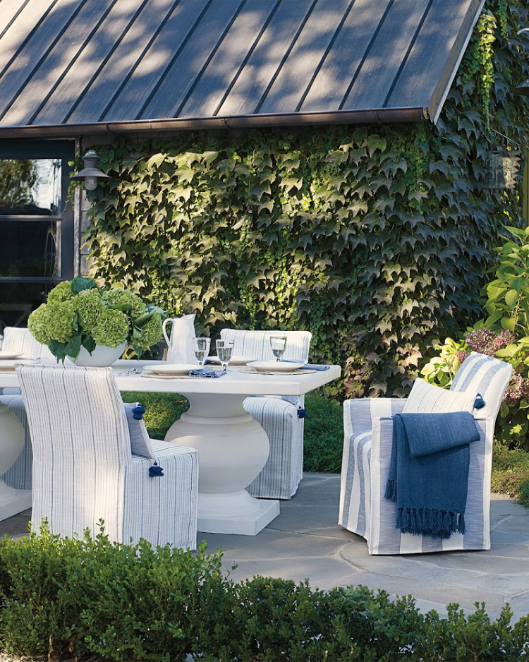Dining alfresco with Serena & Lily with slipcovered chairs