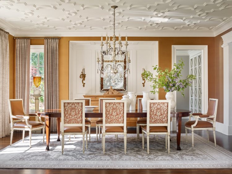 dining room by Harrison Design with ceiling detail