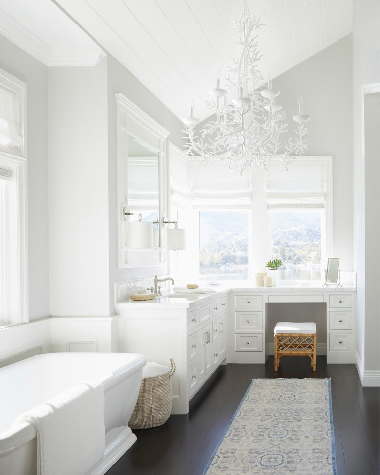 bathroom with white chandelier Serena & Lily