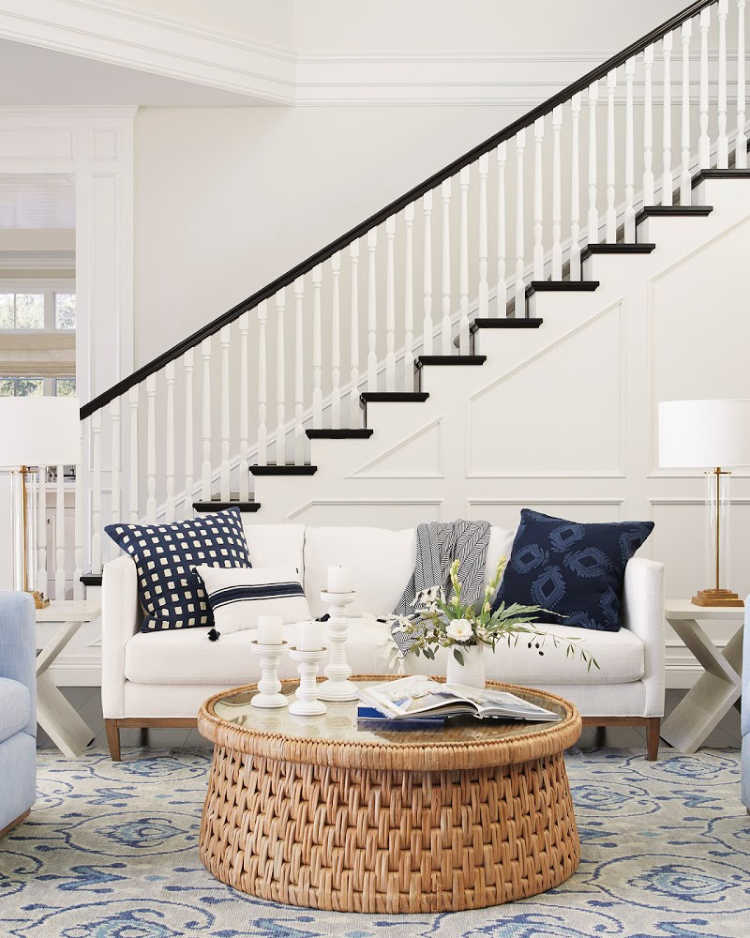 Serena & Lily Spring Collection family room in blue and white