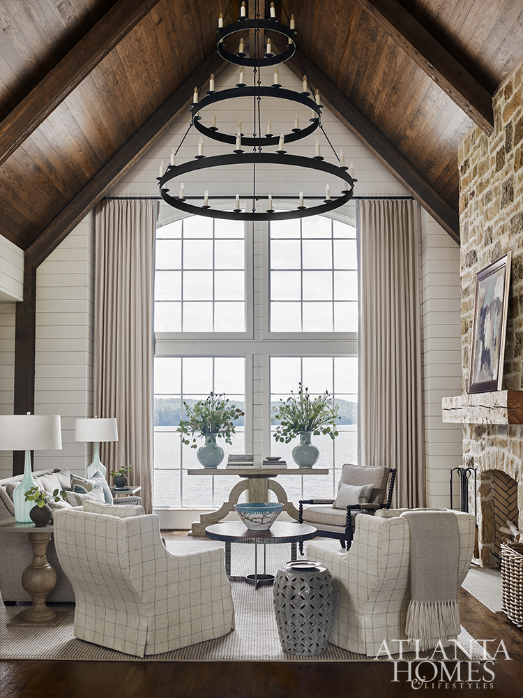 Lake Martin lake house designed by Liz Williams family room with cathedral ceiling