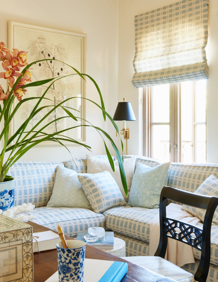 Mark D. Sikes blue and white banquette