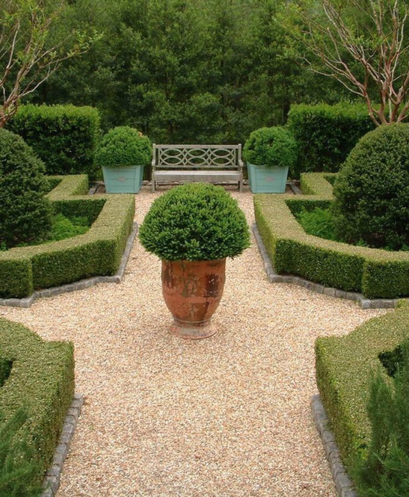 boxwood gardens with pea gravel from Loi Thai