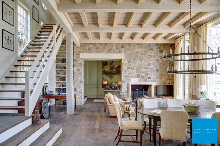 Bill Ingram Architect Lake Martin house living room open to dining room with beams