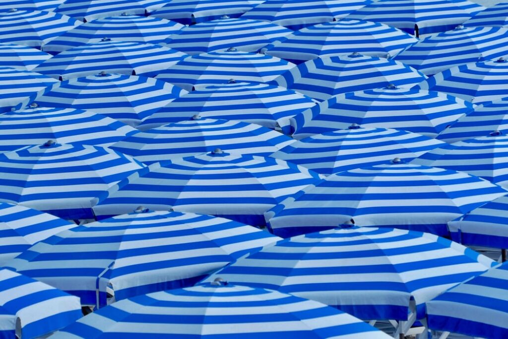 Blue and white umbrella