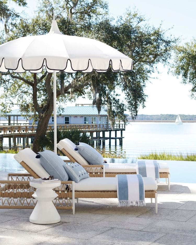 Serena & Lily beach towel accessory on chaise lounge with beach umbrella