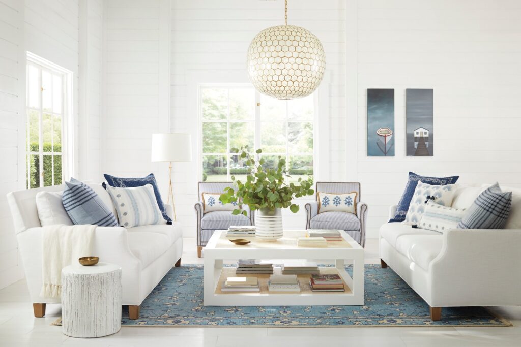 Serena & Lily living room awash in blue and white