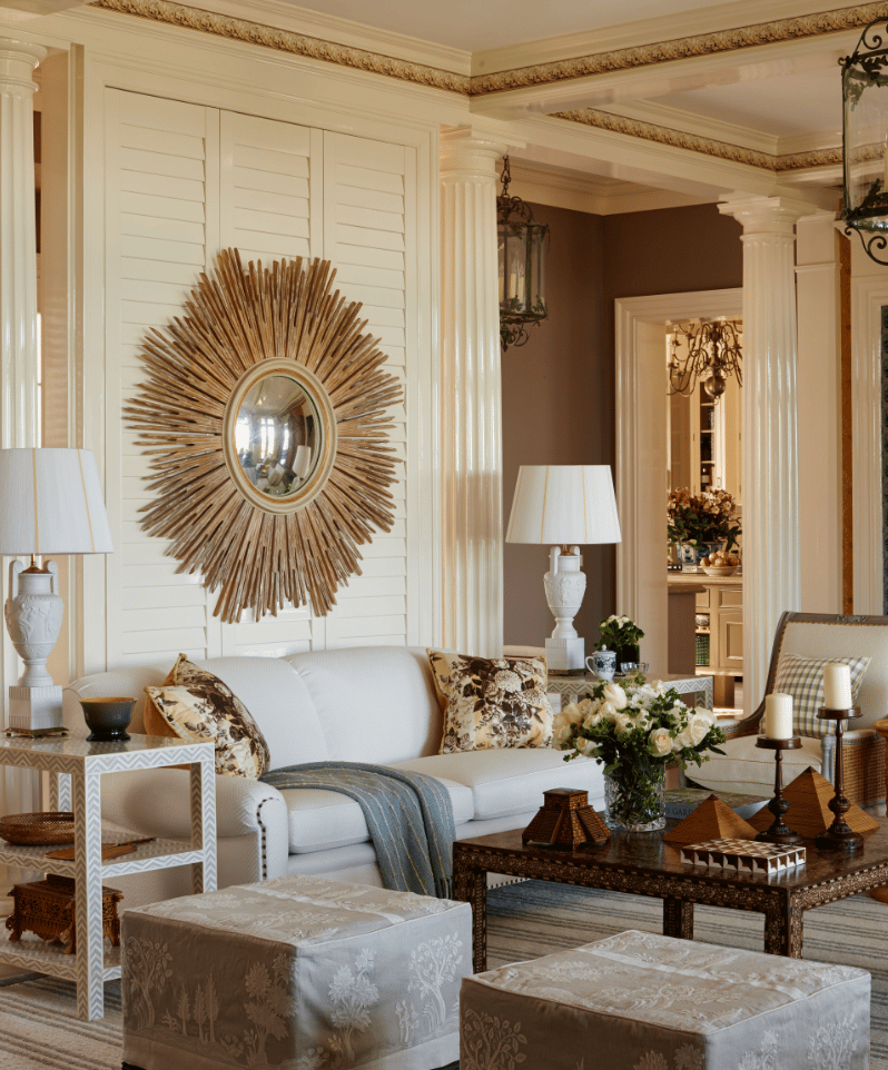 Marshall Watson Interiors | Luke White Photography, coffee table, living room, round mirror, starburst mirror, living room design