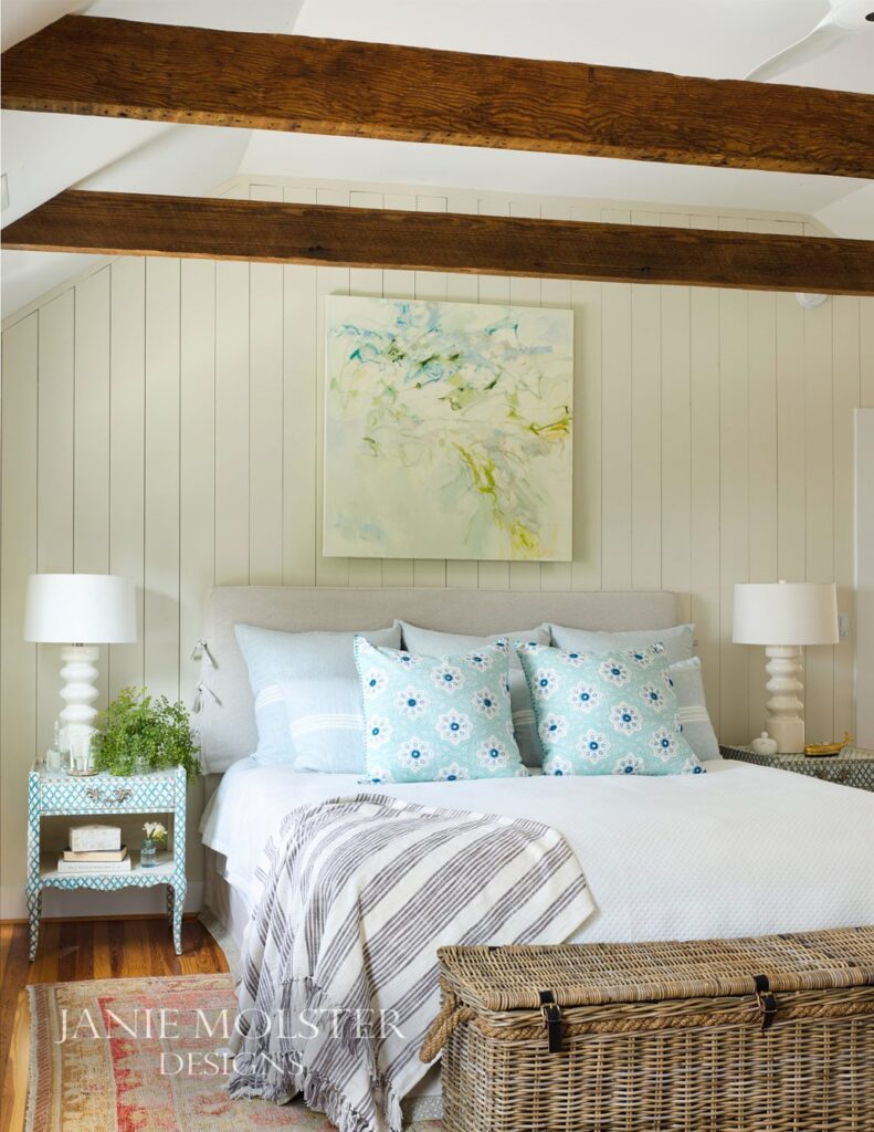 Janie Molster Fishing Bay bedroom with wood beams - -So this stunning Fishing Bay house designed by Janie Molster (and Gordon Gregory Photography) seemed like a pretty fitting house to tour today. It's the perfect place to spend weekends for fishing right outside the door--and an equally fabulous place to curl up with a good book or get a little work done if you suddenly find yourself home alone during a grand fishing expedition. 