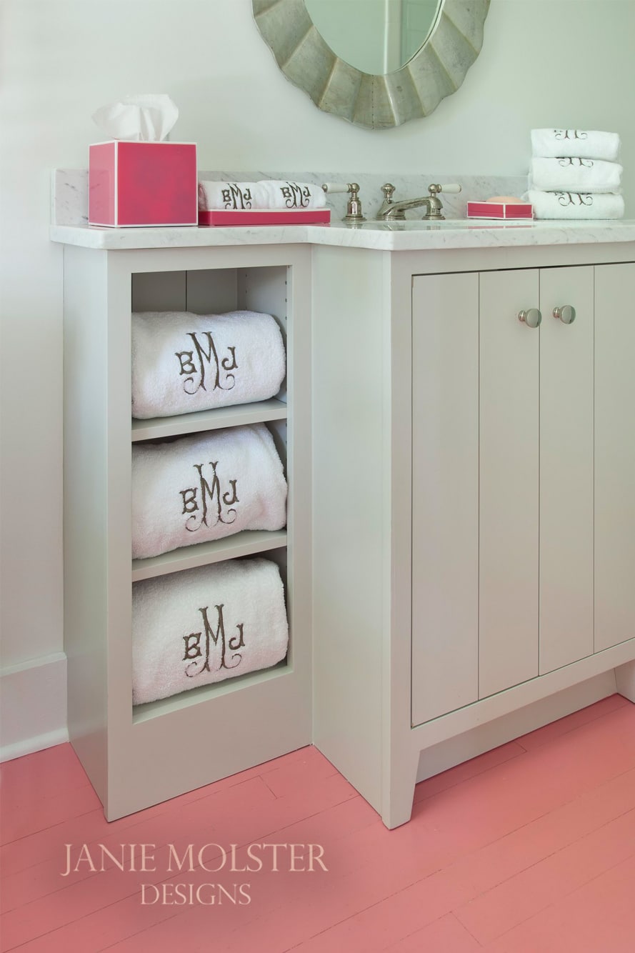  Fishing Bay pink and white bathroom --So this stunning Fishing Bay house designed by Janie Molster (and Gordon Gregory Photography) seemed like a pretty fitting house to tour today. It's the perfect place to spend weekends for fishing right outside the door--and an equally fabulous place to curl up with a good book or get a little work done if you suddenly find yourself home alone during a grand fishing expedition. 