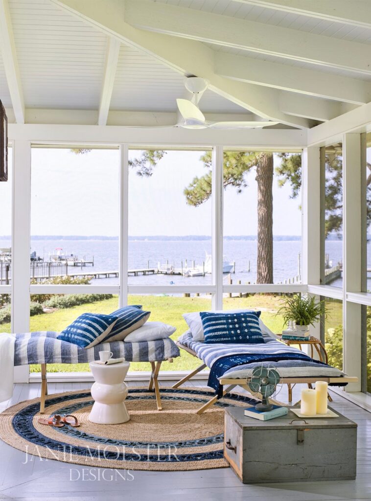 Janie Molster Fishing Bay blue and white porch - -So this stunning Fishing Bay house designed by Janie Molster (and Gordon Gregory Photography) seemed like a pretty fitting house to tour today. It's the perfect place to spend weekends for fishing right outside the door--and an equally fabulous place to curl up with a good book or get a little work done if you suddenly find yourself home alone during a grand fishing expedition. 