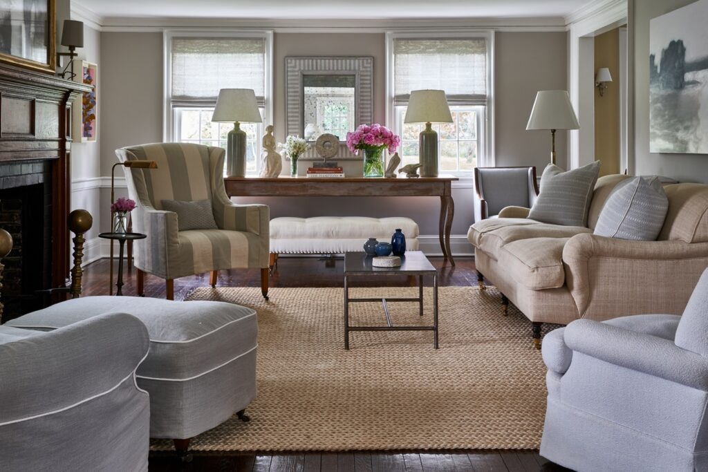 Brady Interiors Living room in blue and white