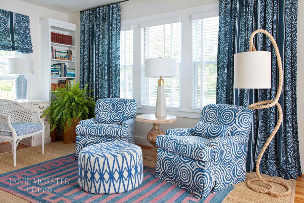 Janie Molster Fishing Bay blue and white living room -So this stunning Fishing Bay house designed by Janie Molster (and Gordon Gregory Photography) seemed like a pretty fitting house to tour today. It's the perfect place to spend weekends for fishing right outside the door--and an equally fabulous place to curl up with a good book or get a little work done if you suddenly find yourself home alone during a grand fishing expedition. We hope you loved this charming, character-filled Jamie Molster designed home just as much as we did! Here's to the perfect catch! 