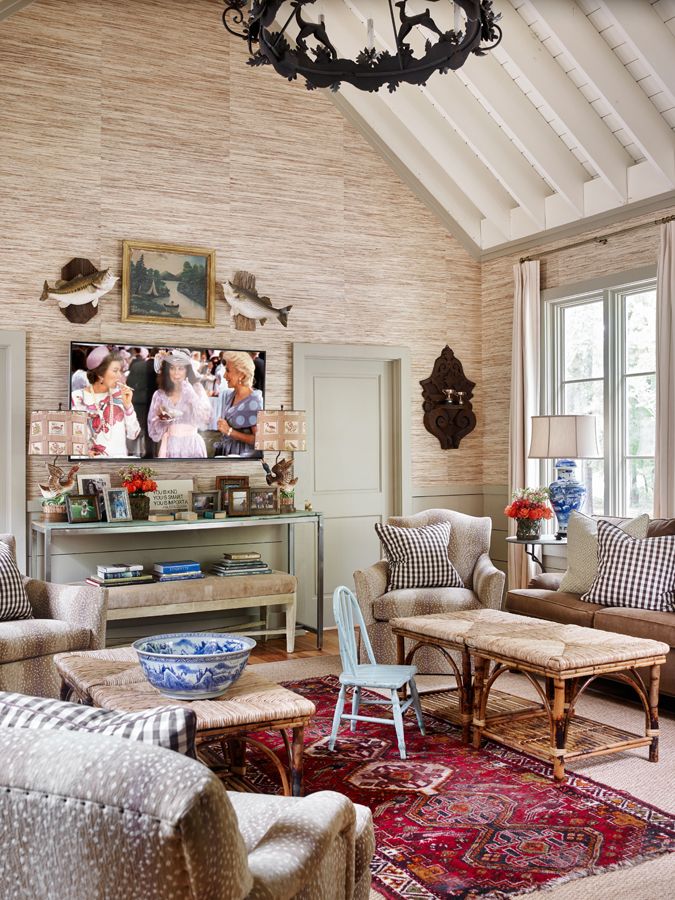 James Farmer Design living room with grass cloth and Kenian bench