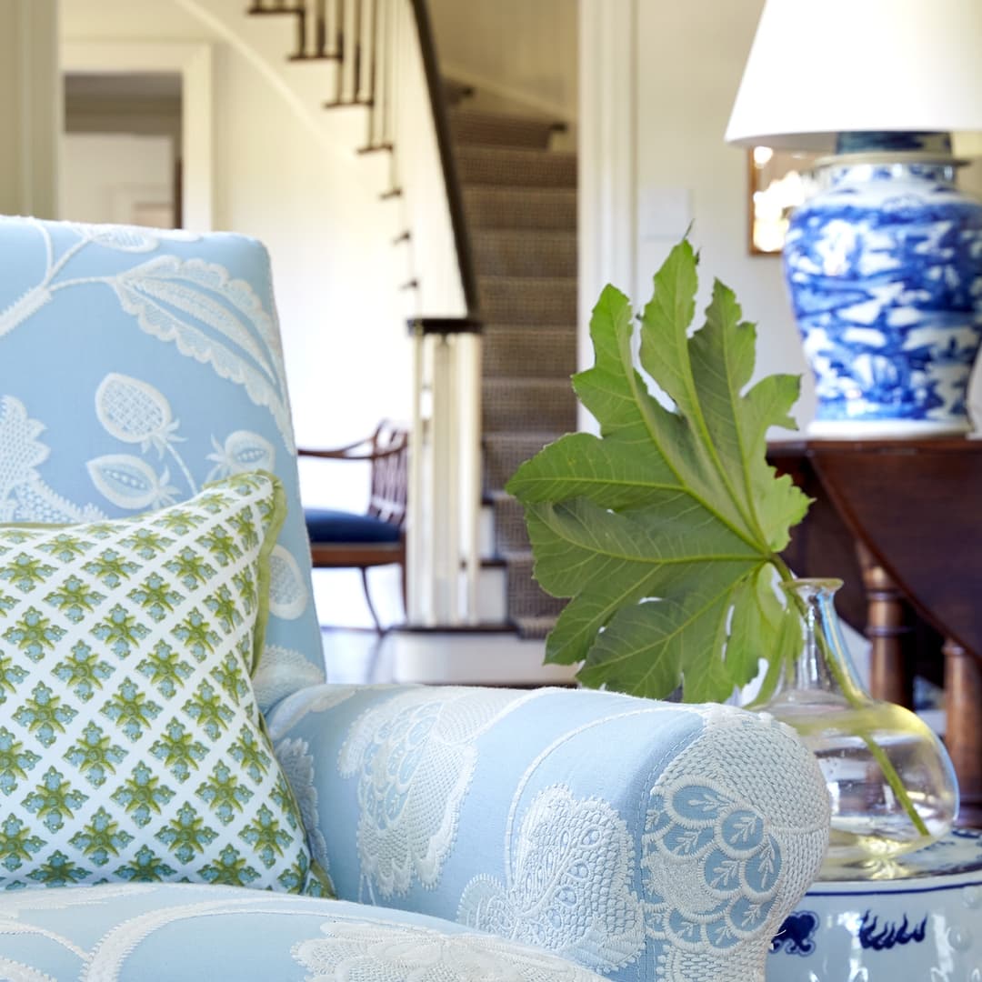 Caroline Gidiere blue and white and green living room