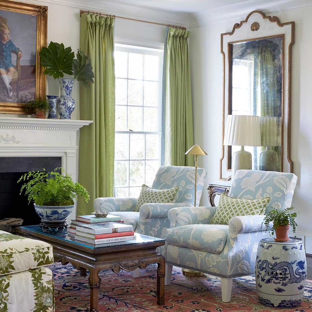 Caroline Gidiere living room in blue and white and green