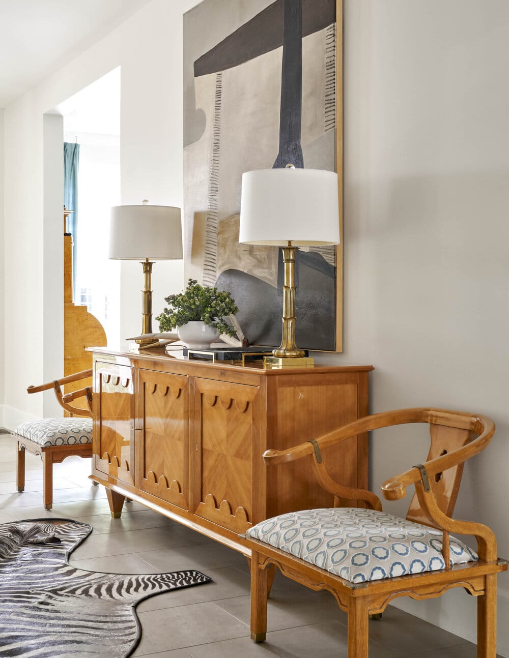 Mary Beth Wagner - Nathan Schroder Photography - modern art - abstract art - pair of chairs - zebra rug - pair of lamps - entry - foyer - foyer design = foyer decor