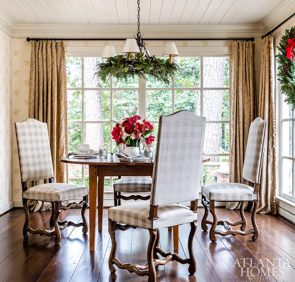 Beth Erin Designed Buckhead home breakfast room. -Beth Erin Designed Buckhead home curb appeal white brickAtlanta Homes & Lifestyles Beth Ervin Interior Design Norman Askins Architect Jeff Herr Photography Jonathan Bussell Landscape Design The halls are decked and the garland is hung in this gorgeous Beth Ervin stunning home perfect for entertaining. Take a peek!