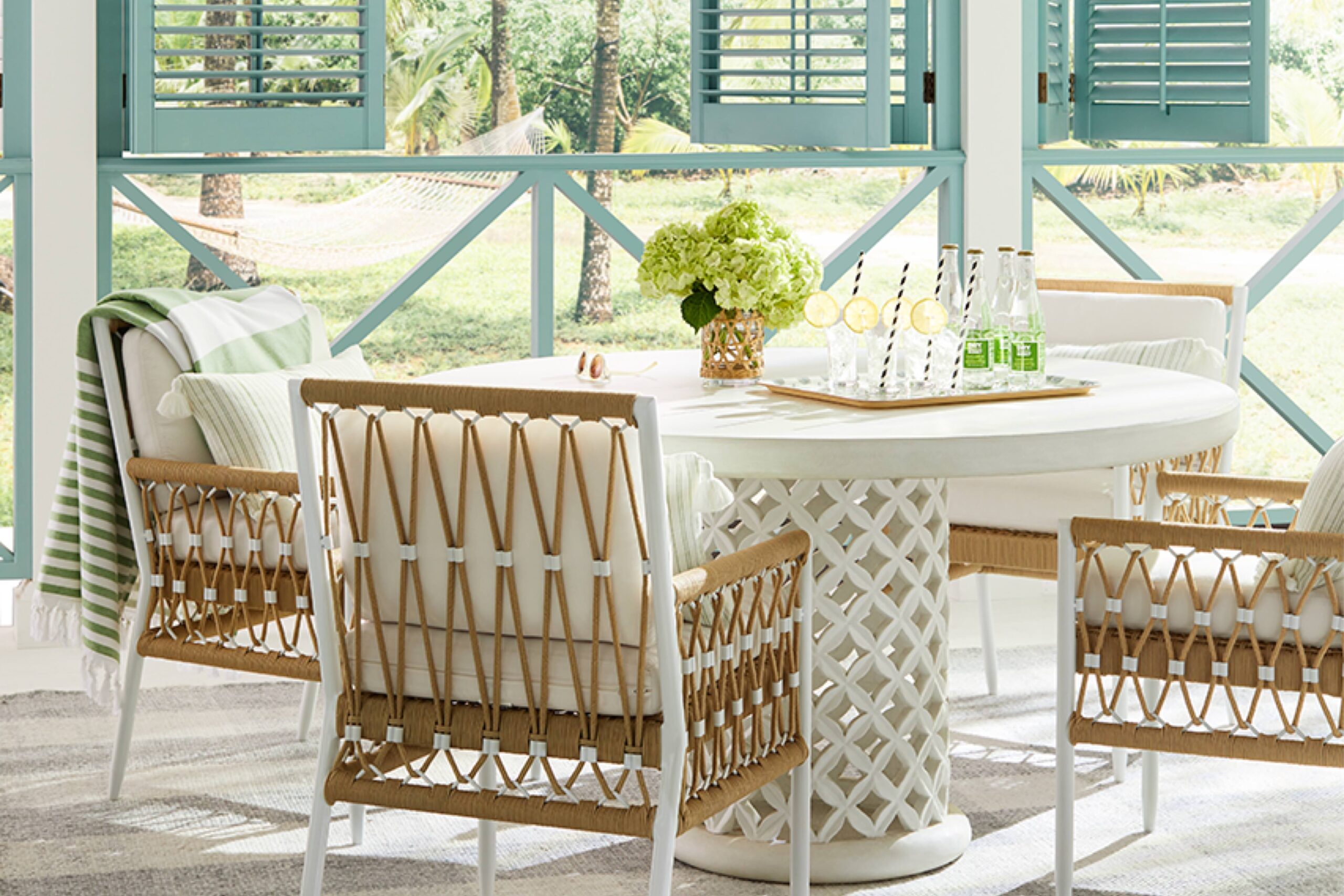 outdoor living - Serena & Lily - round table - porch - living room - outdoor living room