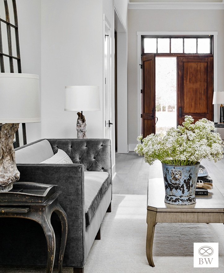 Beth Webb Interior Design | Emily Followill Photography foyer and living room with gray velvet couch