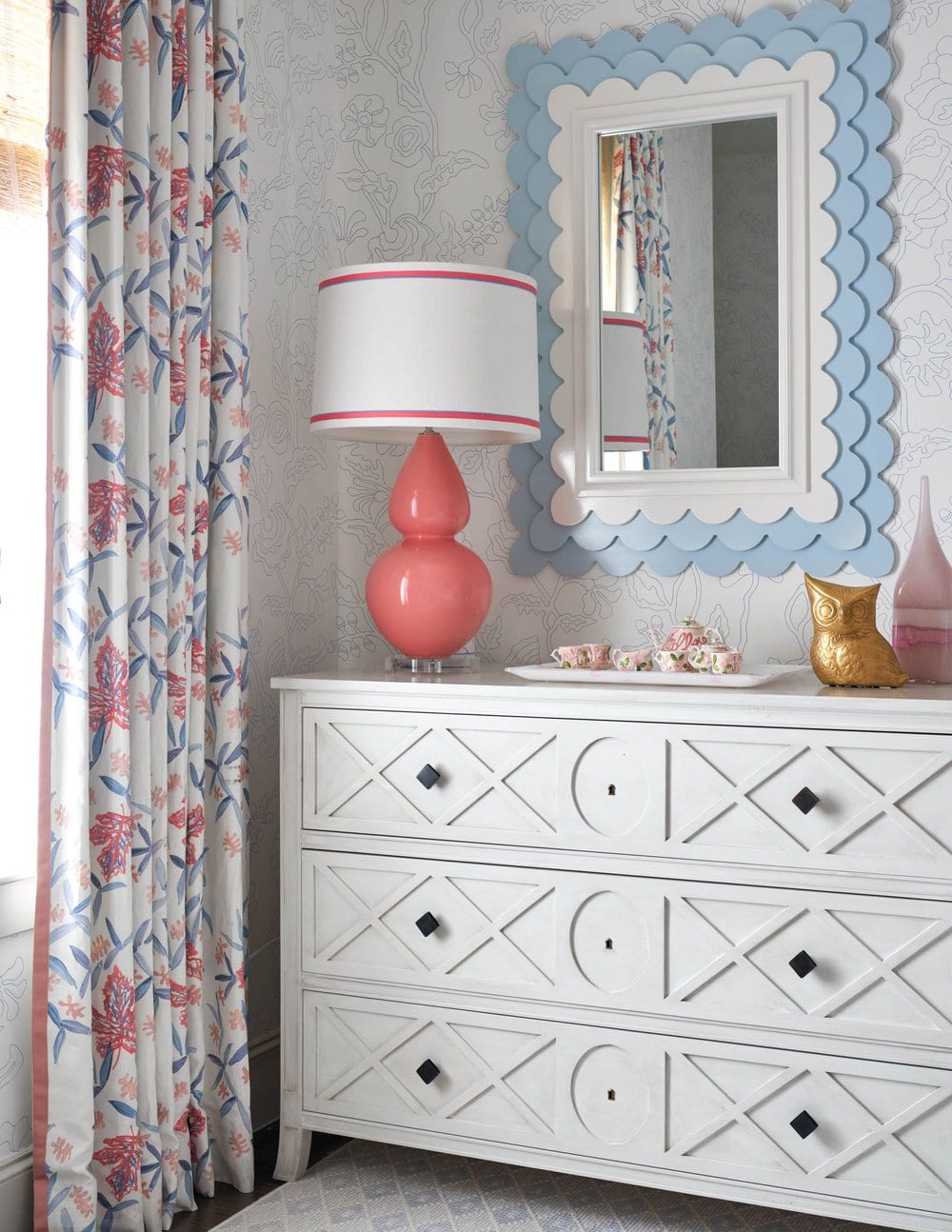 Delightful Dallas home from Designer Mary Beth Williams | Photography Nathan Schroder. Love the girl's bedroom beautiful wallpaper and blue and white mirror