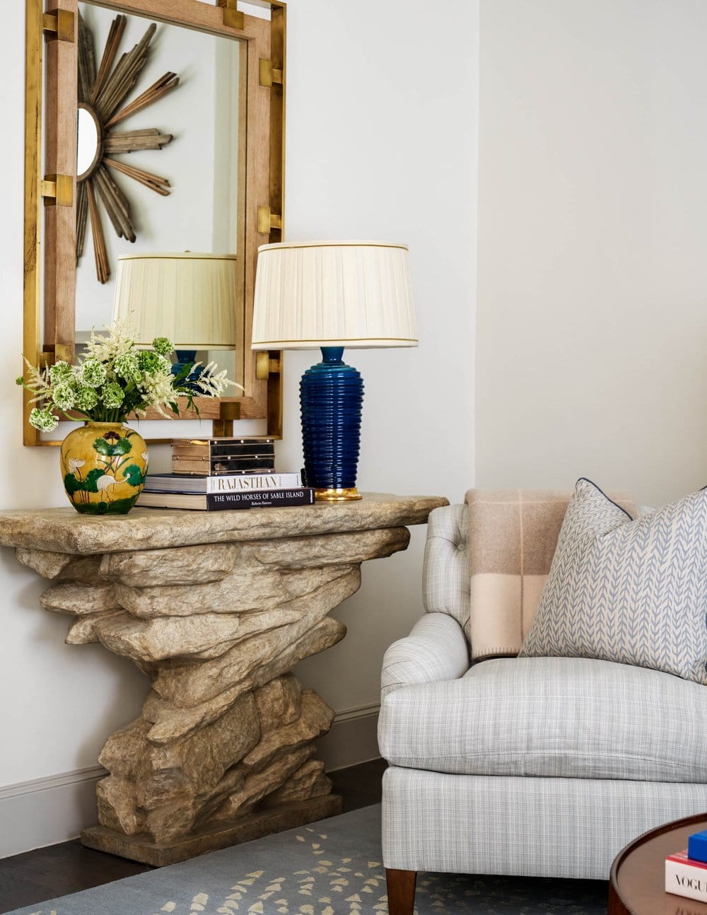 Delightful Dallas home from Designer Mary Beth Williams | Photography Nathan Schroder. Love the colorful living room with the natural wood table and mirror