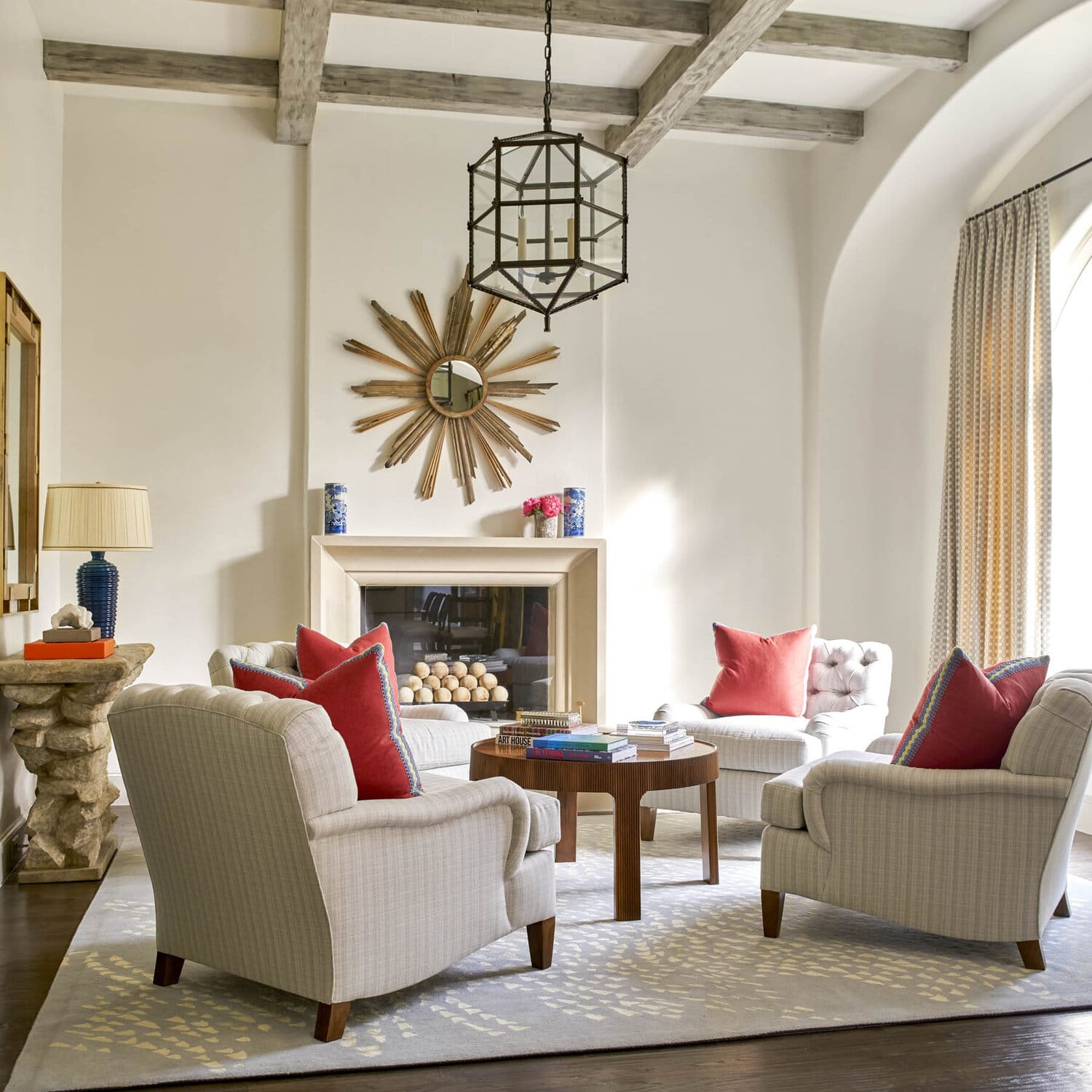 Delightful Dallas home from Designer Mary Beth Williams | Photography Nathan Schroder. Love the colorful living room with the wood beams