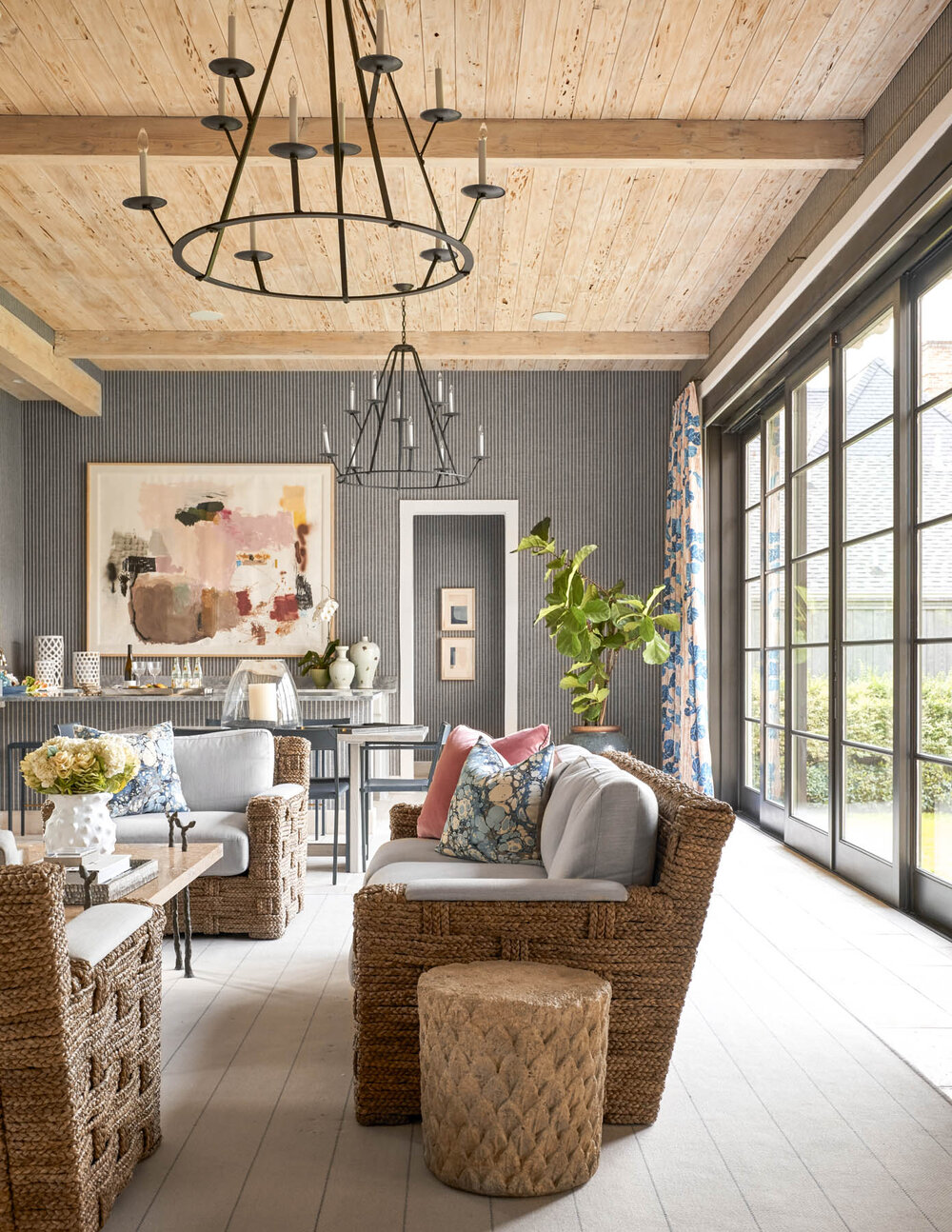 Beautiful interior design from Designer Mary Beth Williams | Photography Nathan Schroder. Love the family room with the wood beam ceiling and the woven textured furniture int the interiors