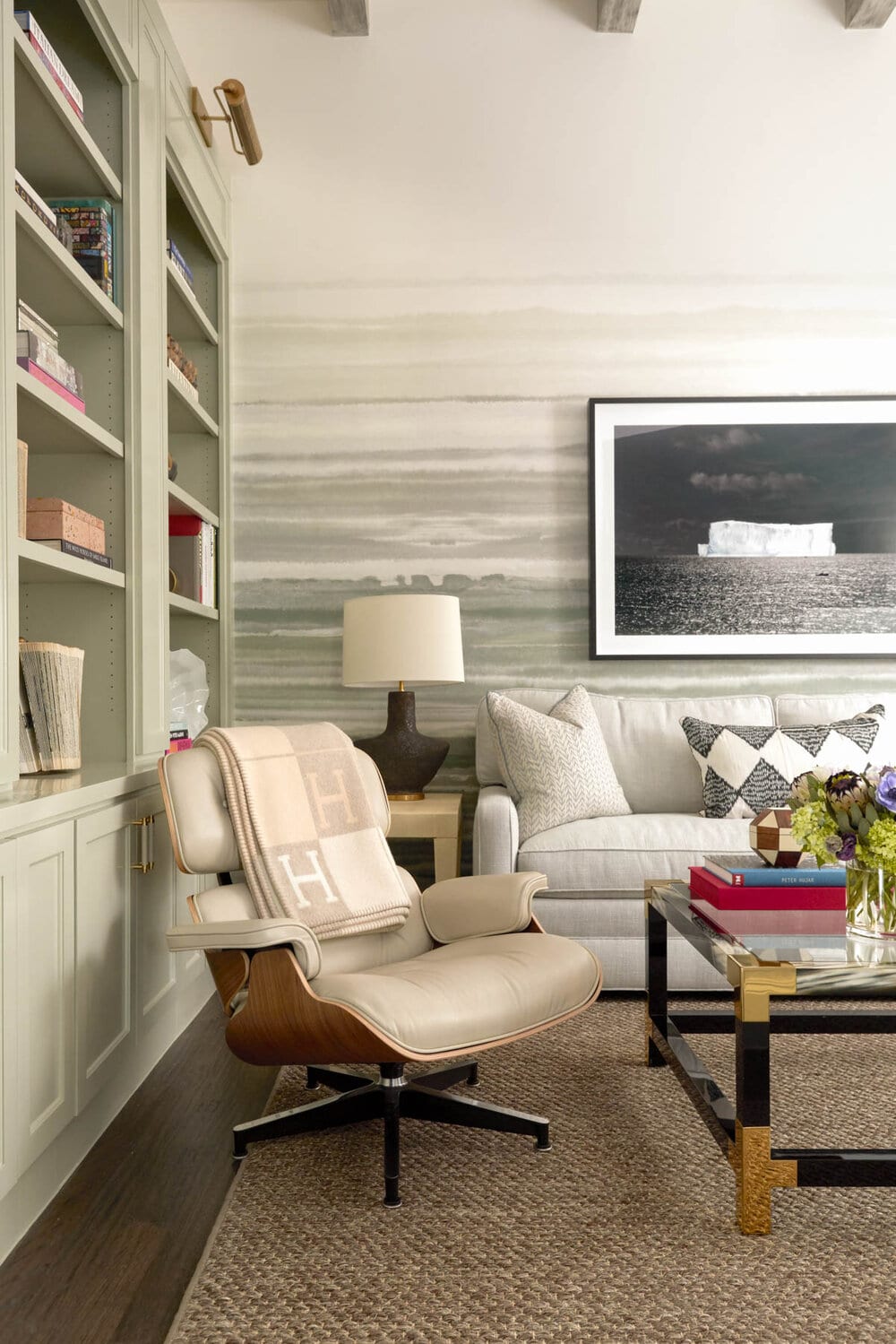 Beautiful interior design from Designer Mary Beth Williams | Photography Nathan Schroder. Love the family room with the bookcase. Who doesn't love a library light?