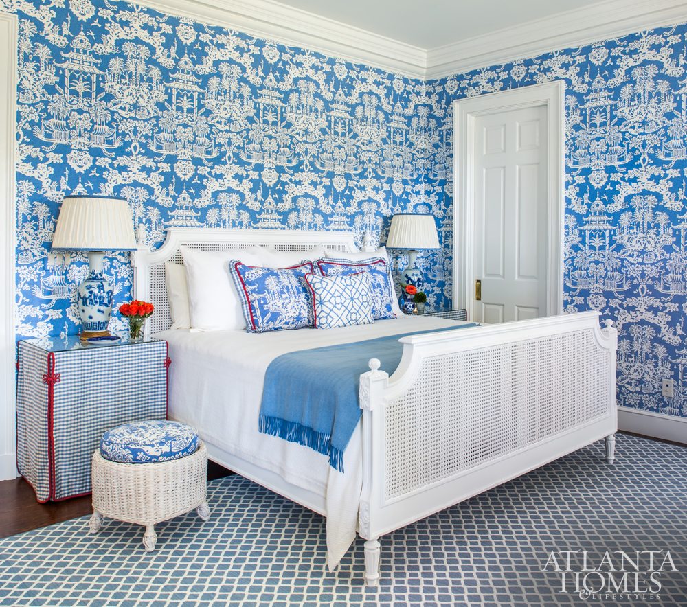 Source: Atlanta Homes & Lifestyles | Architect: C. Brandon Ingram | Interior Design: Mallory Mathison | Photography:  Jeff Herr - extraordinary blue and white bedroom | bedroom design | | bedroom remodel | bedroom ideas | chinoiserie wallpaper | blue and white rug