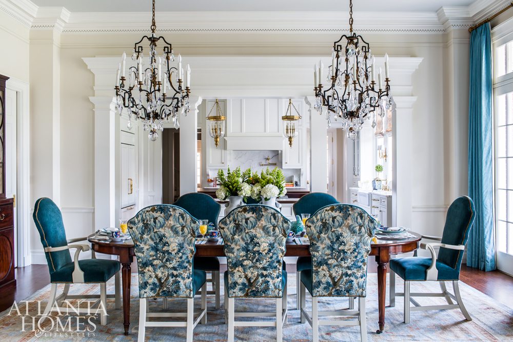 Source: Atlanta Homes & Lifestyles | Architect: C. Brandon Ingram | Interior Design: Mallory Mathison | Photography:  Jeff Herr - extraordinary dining room with 2 chandeliers - dining room ideas