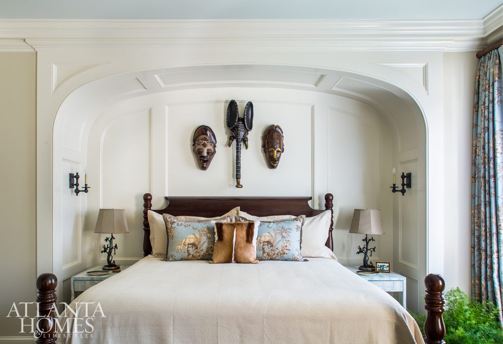 Source: Atlanta Homes & Lifestyles | Architect: C. Brandon Ingram | Interior Design: Mallory Mathison | Photography:  Jeff Herr - | extraordinary bedroom design | | bedroom remodel | bedroom ideas | African masks | bed in alcove
