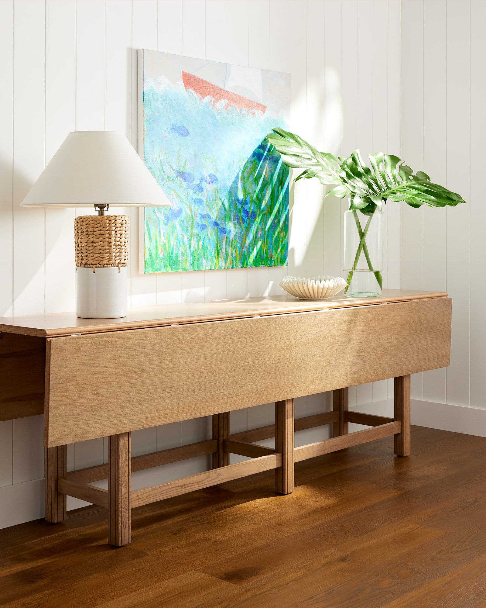 Serena & Lily new arrivals including this drop leaf dining table/console table - blonde wood - light wood - dining - dining room decor - entry - foyer table - foyer