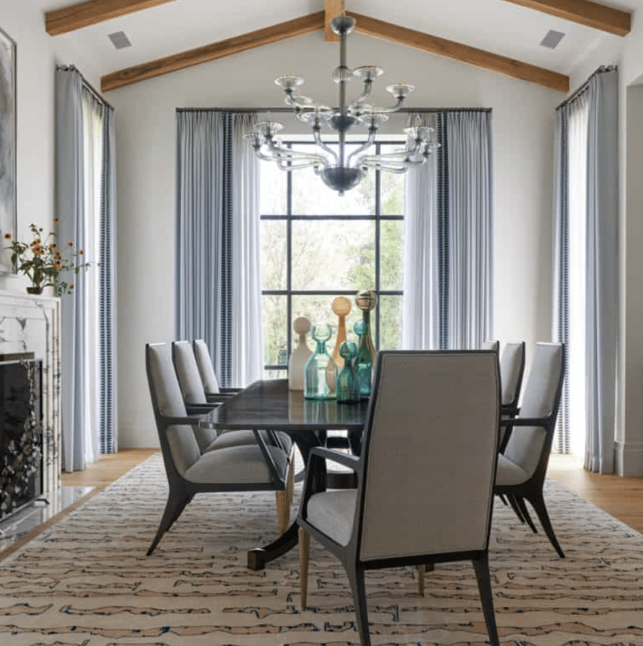 Morgan Farrow Interior Design - Nathan Schroder Photography - wood beams - elegant dining room design - dining room decor - chandelier