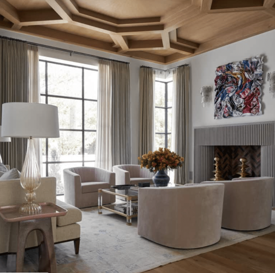 Morgan Farrow Interior Design - Nathan Schroder Photography - elegant living room - wood beams - living room decor - living room design 
