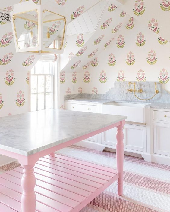 mudroom designed by The Fox Group - Lindsay Salazar Photography -wallpaper - lantern - pink and white