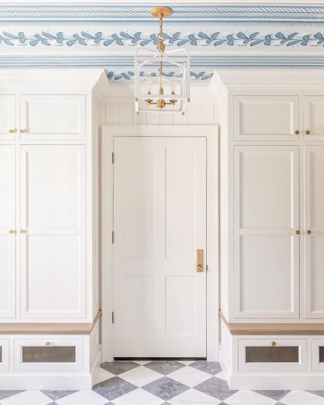 mudroom designed by The Fox Group - Lindsay Salazar Photography - black and white marble floors - gray and white marble floors - blue and white - blue and white wallpaper