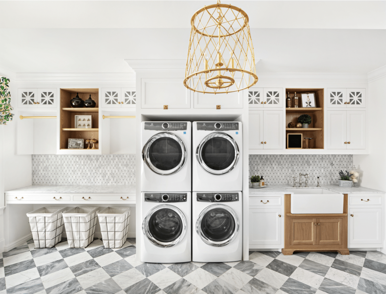 Laundry room designed by The Fox Group - Lindsay Salazar Photography - - black and white marble floors