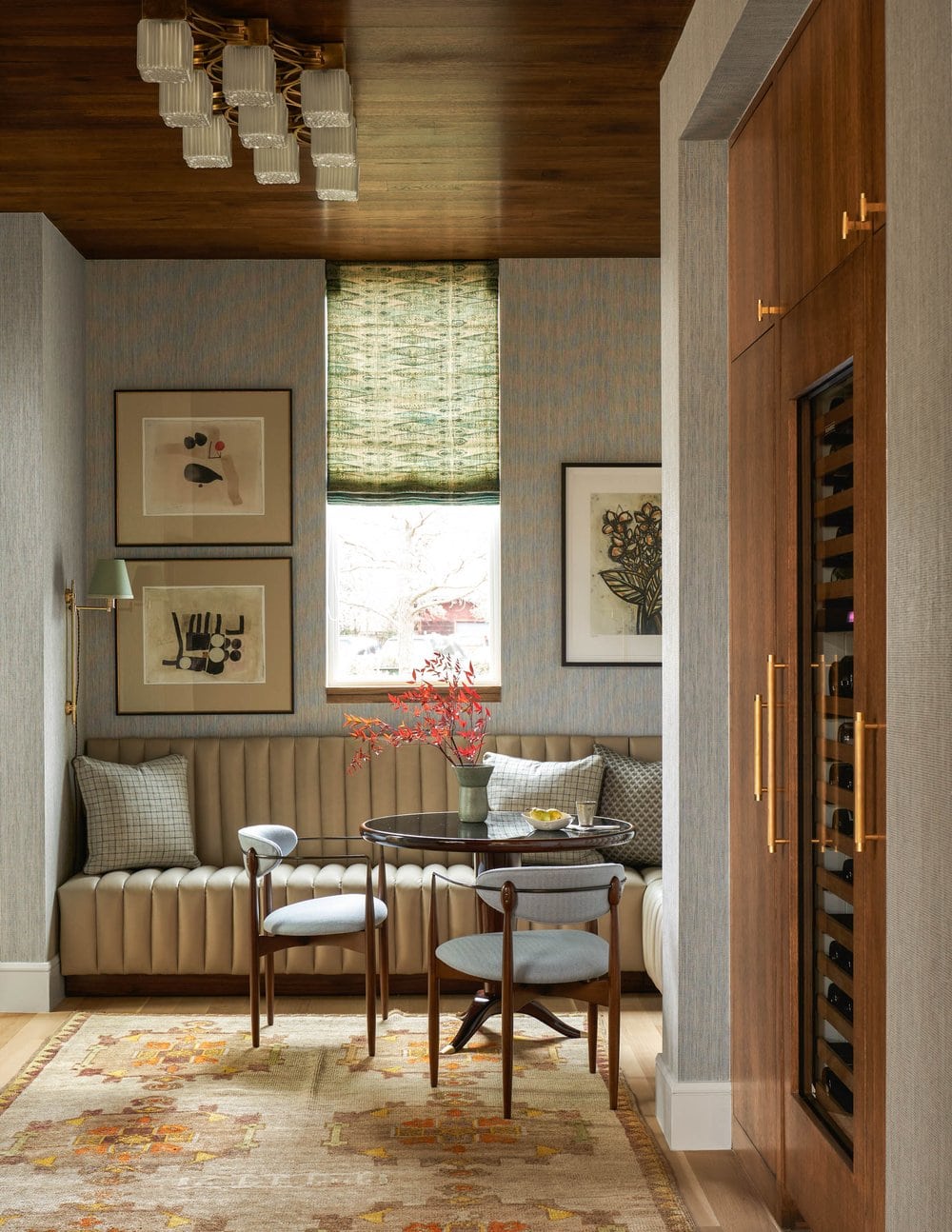 Jenkins Interiors - Nathan Schroder Photographer -bar - wet bar -banquette - wine frig- midcentury modern