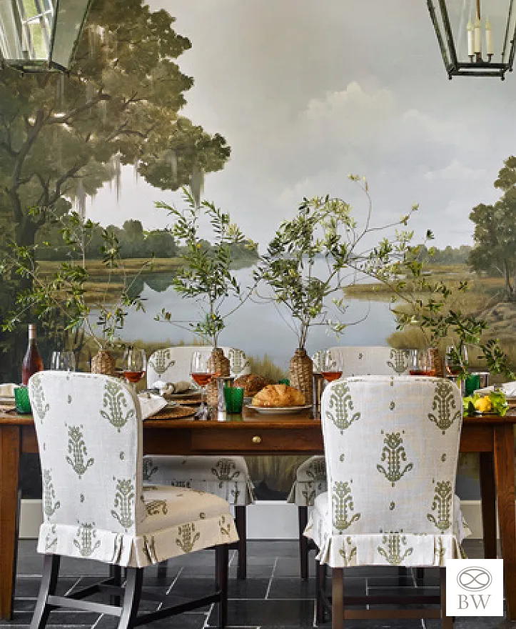 Beth Webb Interior Design | Emily Followill Photography - dining room - mural green and white - dining room ideas - greens