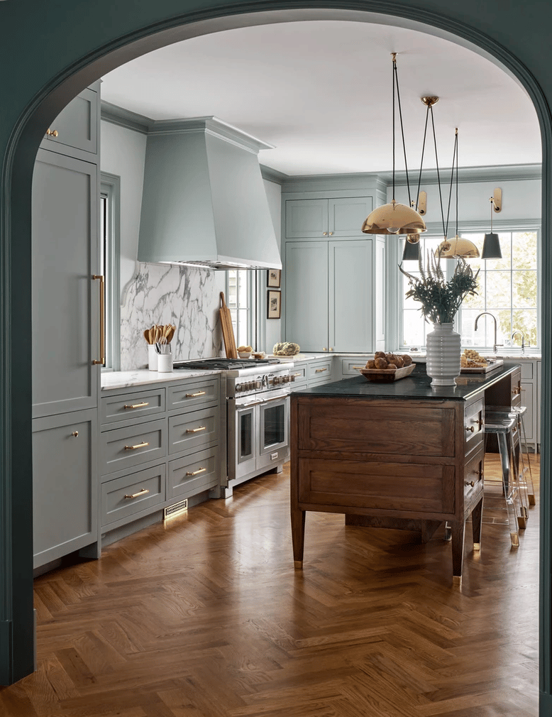 Dunbar Road Design - Nathan Schroder Photography - kitchen - kitchen design - kitchen decor - herring bone floors - brass pendants