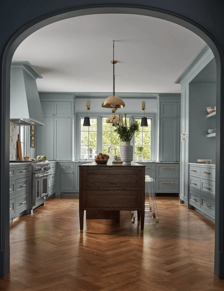 Dunbar Road Design - Nathan Schroder Photography - kitchen - kitchen design - kitchen decor - herring bone floors - brass pendants