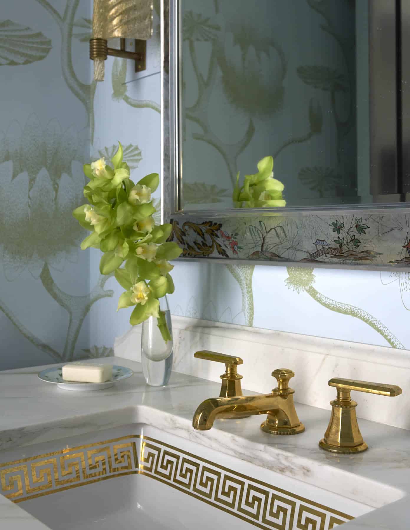 Collins Interiors, Nathan Schroder Photography, bathroom, bathroom design , wallpaper, brass