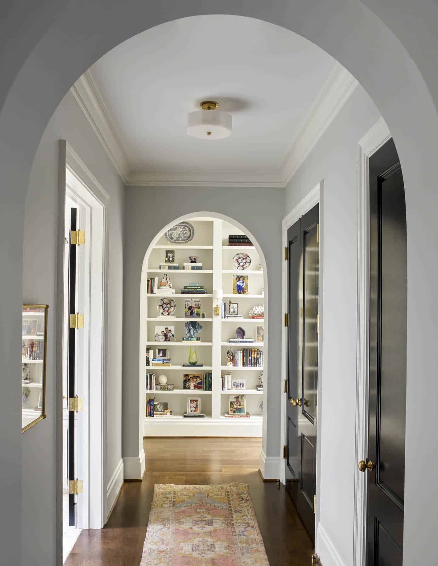 Collins Interiors, Nathan Schroder Photography,hallway, arch, bookcase