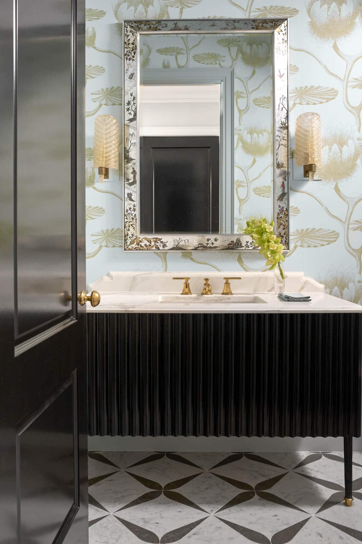 Collins Interiors, Nathan Schroder Photography, bathroom, bathroom design , wallpaper, brass