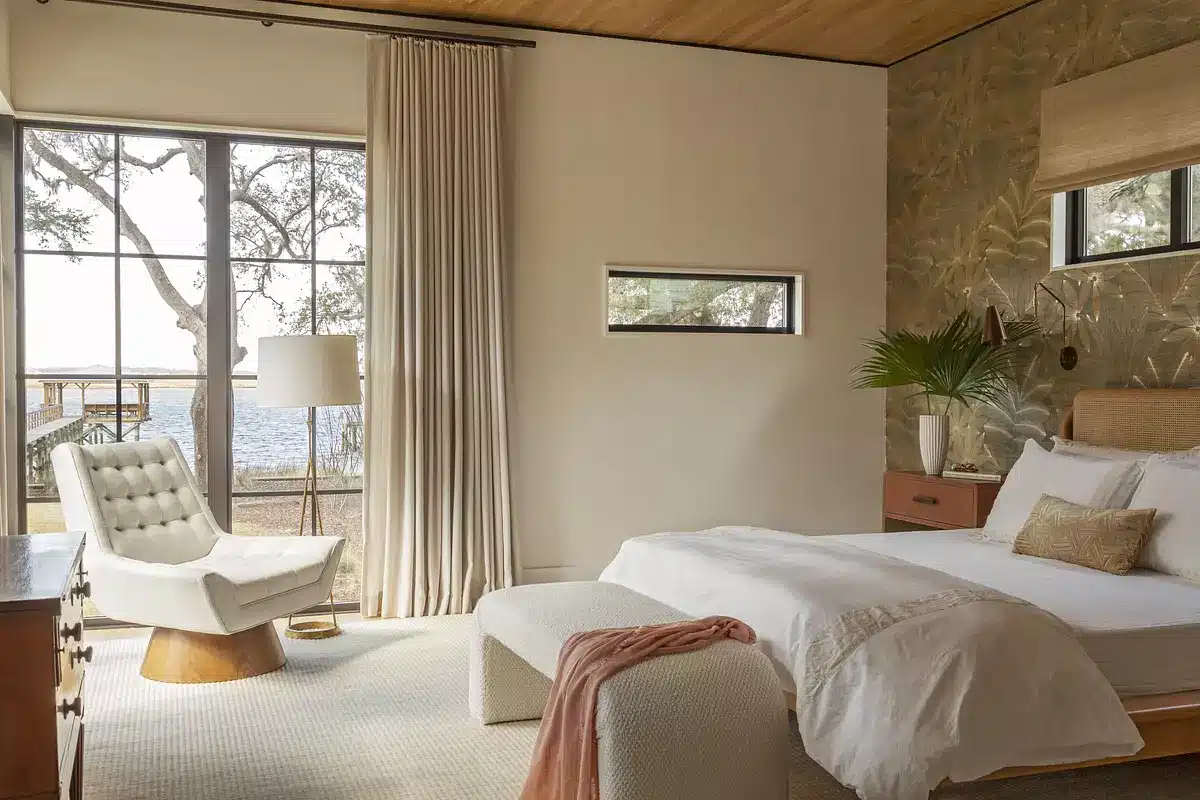 Allison Elebash Interior Design, Julia Lynn Photography - Livable elegance on the Stono River, bedroom, bedroom design, bedroom remodel, pair of pendants, blue stools